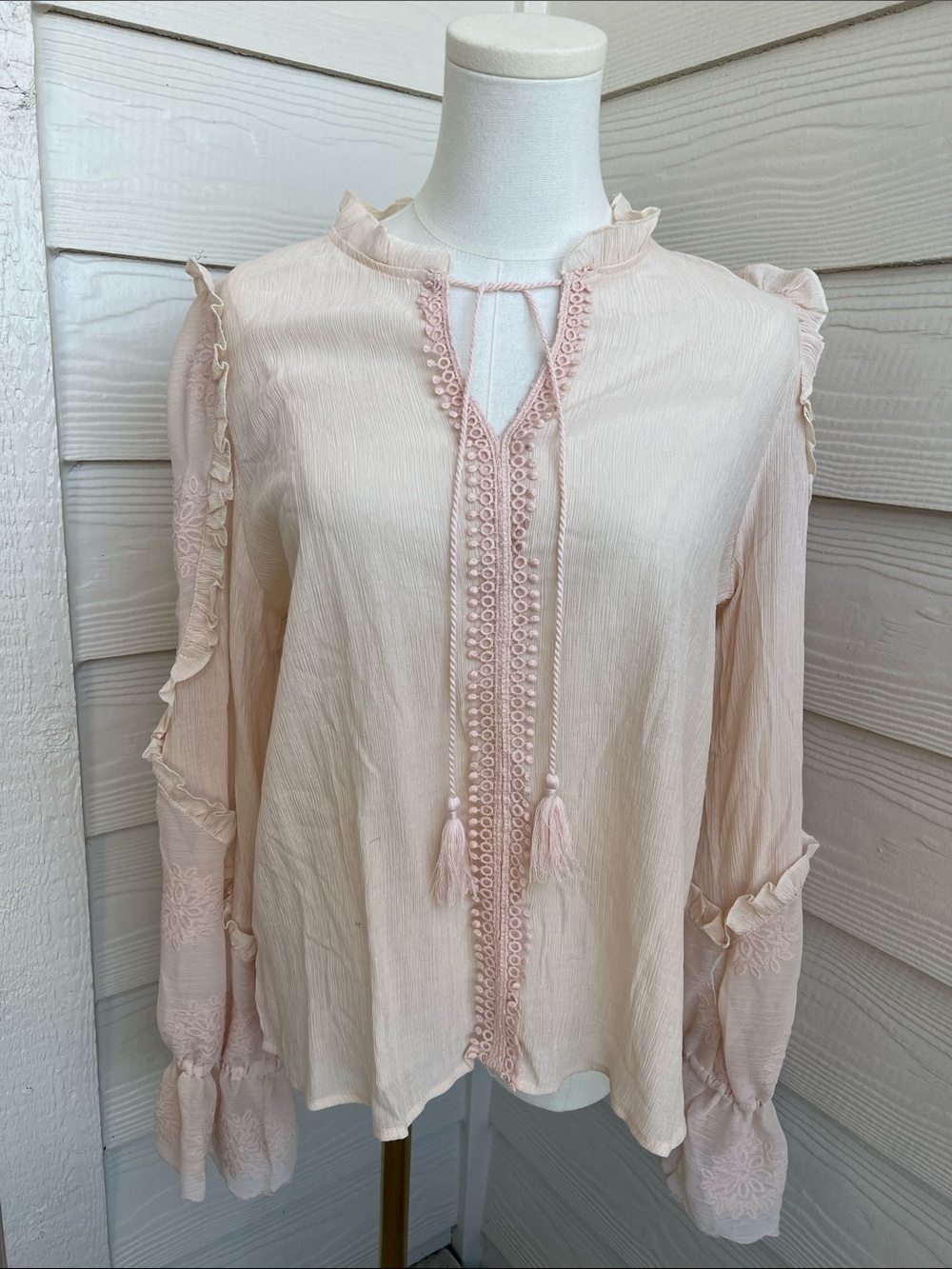 Blu Pepper Pale Blush Ruffle Tie-Front Blouse
